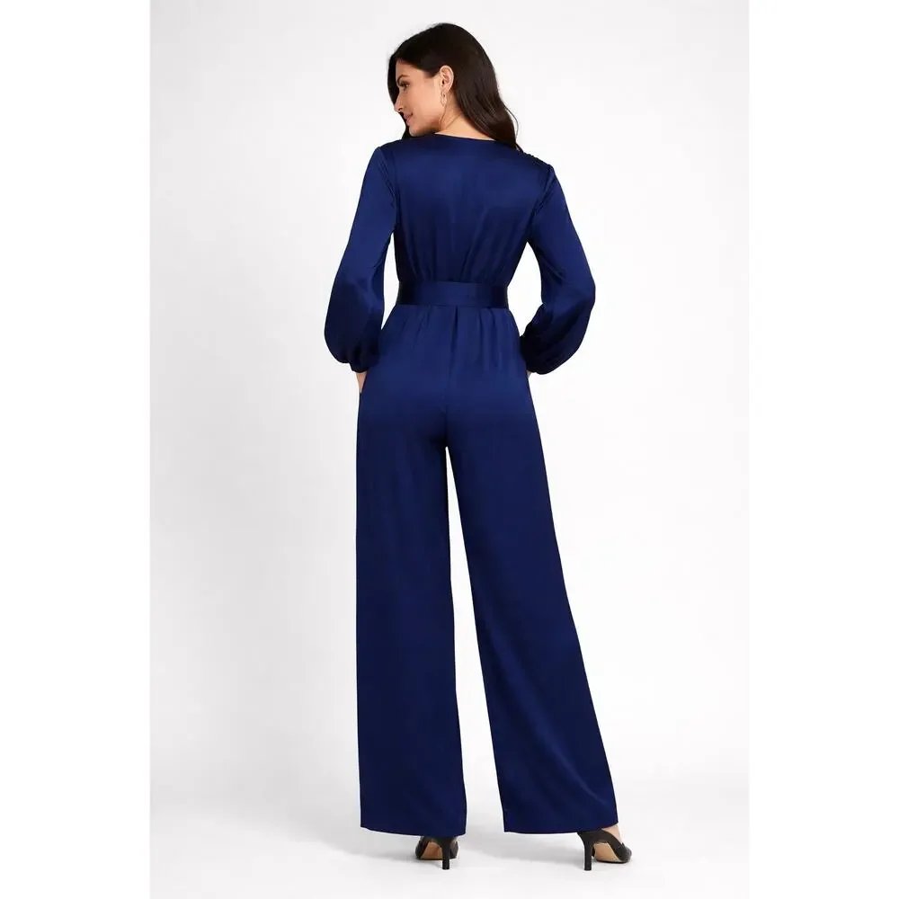 Ann Taylor V Neck Long Sleeve Satin Jumpsuit Deep Ocean Blue Womens Size 8 New